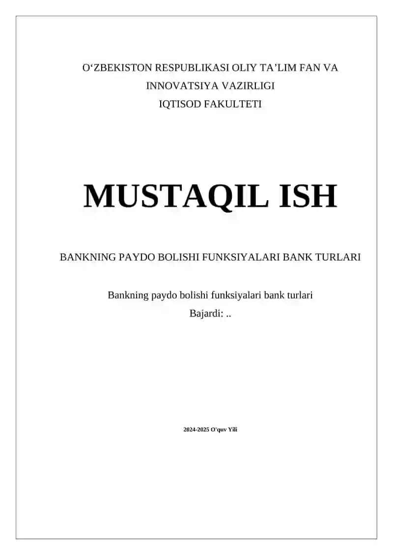 Bankning Paydo Bolishi Funksiyalari Bank Turlari