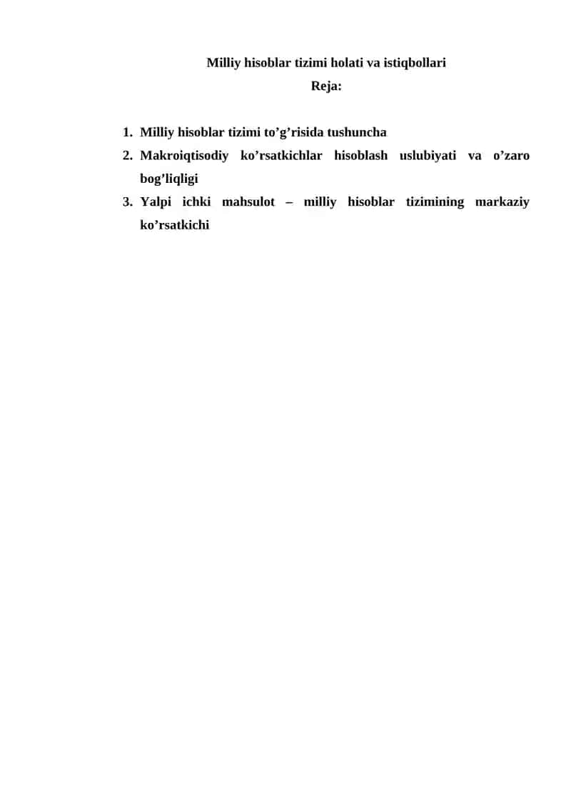 Milliy hisoblar tizimi holati va istiqbollari
