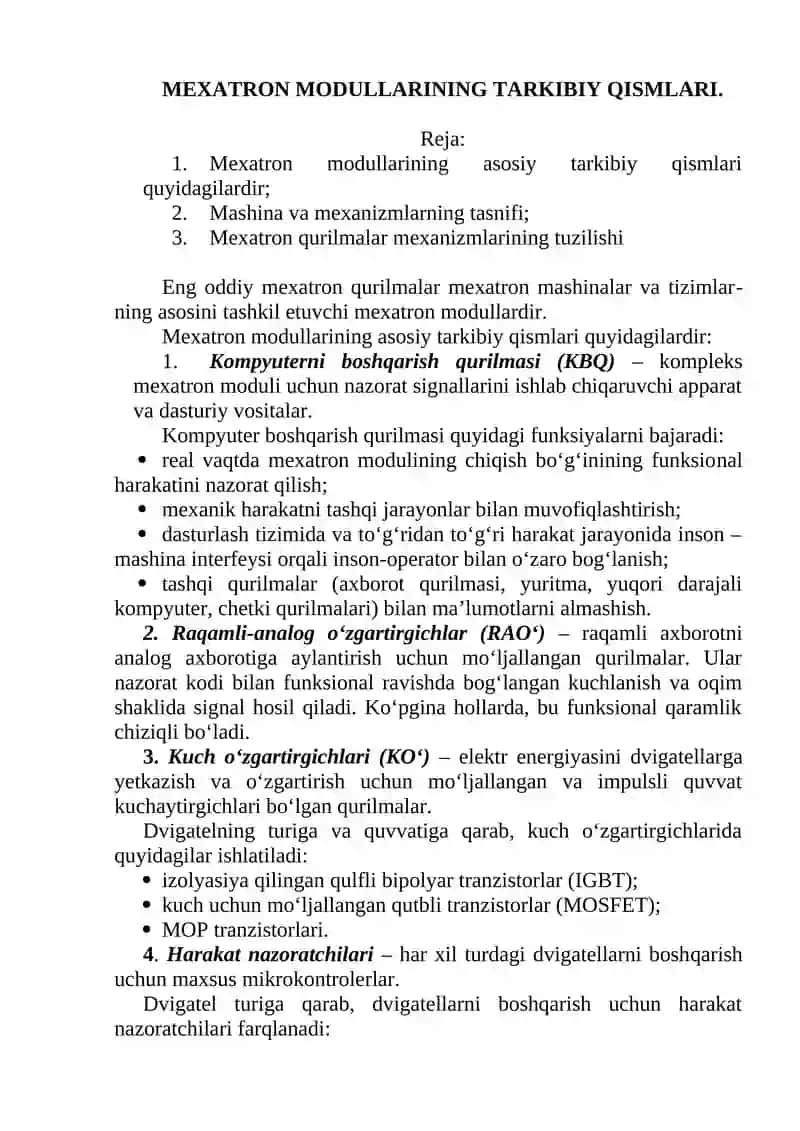 MEXATRON MODULLARINING TARKIBIY QISMLARI.