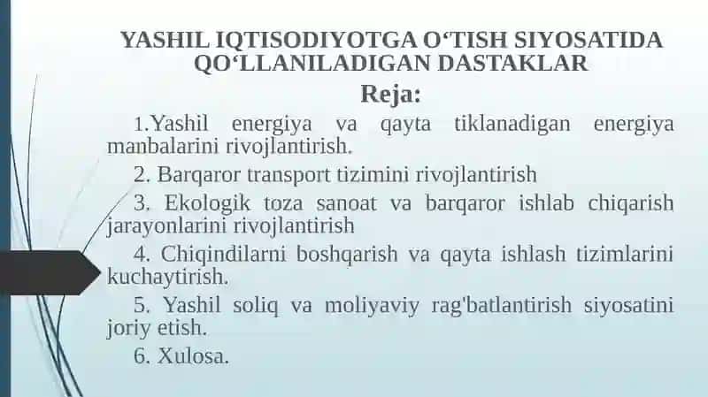 YASHIL IQTISODIYOTGA O‘TISH SIYOSATIDA QO‘LLANILADIGAN DASTAKLAR