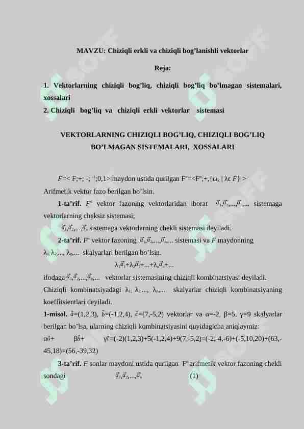 Chiziqli erkli va chiziqli bog’lanishli vektorlar