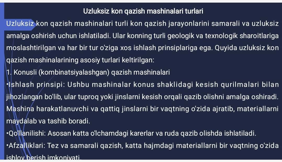 Uzluksiz ishlovchi kon qazish mashinalarining ishlash prinsiplari va qo'llanilish soxalari