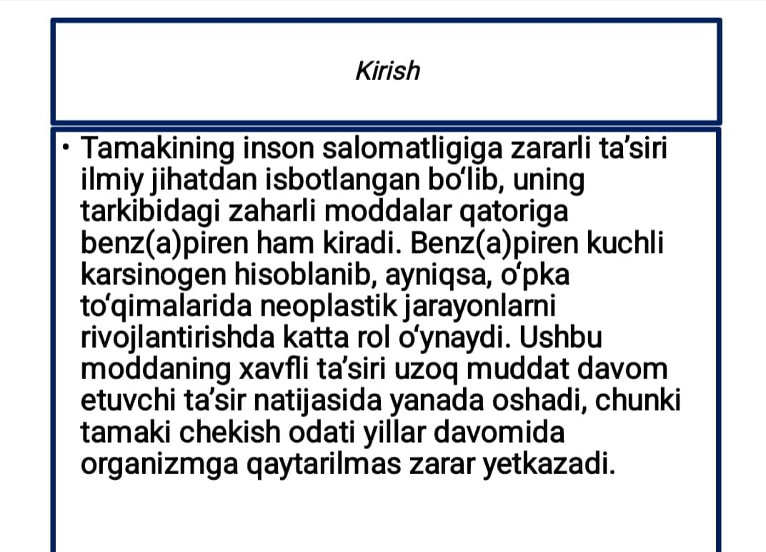 "Tamakidagi Benz(a)pirenning O‘pkada Neoplastik Jarayonlar Rivojlanishidagi Ahmiyati"