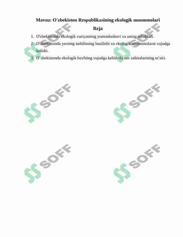 O'zbekiston Respublikasining ekologik muommolari