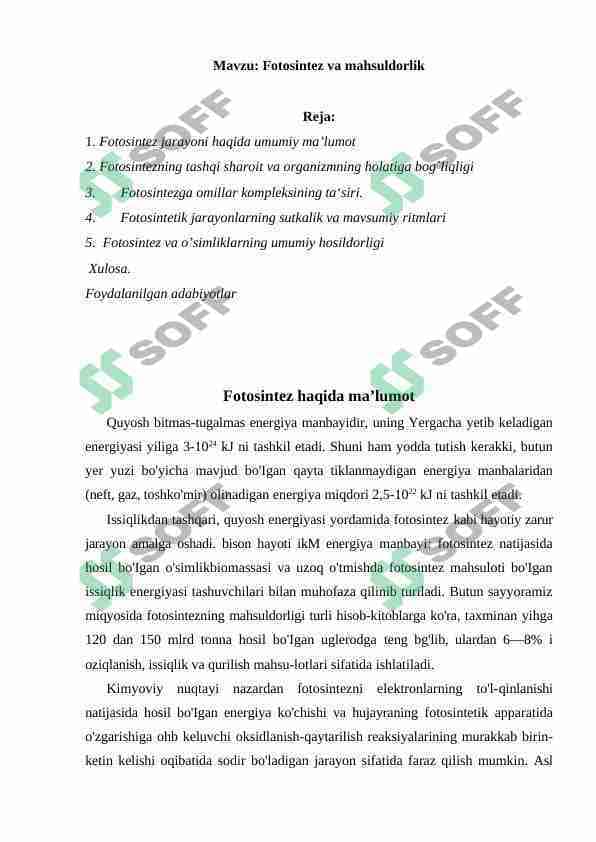 Fotosintez va mahsuldorlik