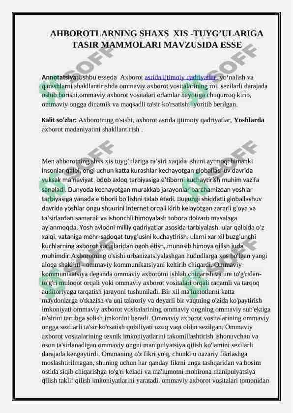 AHBOROTLARNING SHAXS XIS -TUYG’ULARIGA TASIR MAMMOLARI MAVZUSIDA ESSE