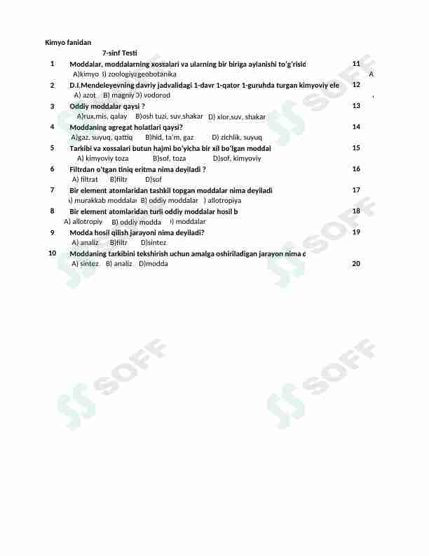 Maktab darsligi 7 - sinf Kimyo fani uchun moʻljallangan test savol - javoblari bilan