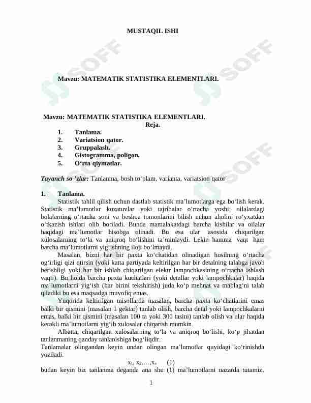 MATEMATIK STATISTIKA ELEMENTLARI.