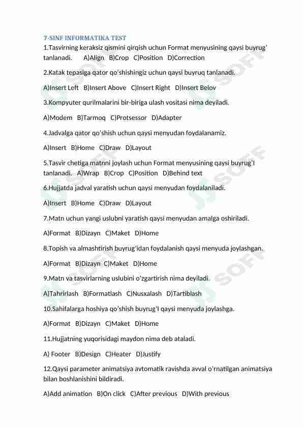 7-sinf informatika testlar