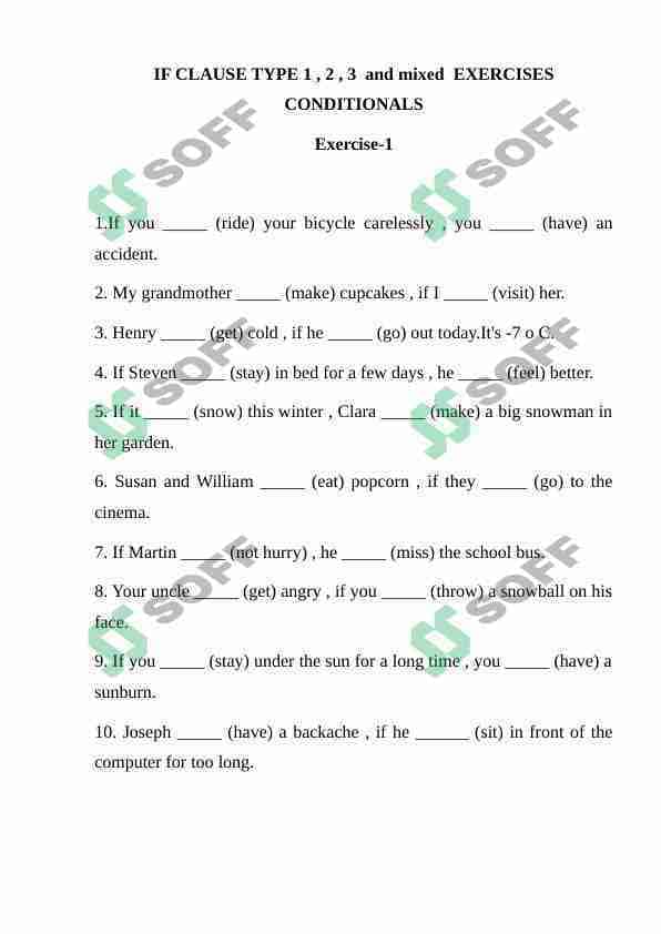 IF CLAUSE TYPE 1 , 2 , 3 and mixed EXERCISES CONDITIONALS
