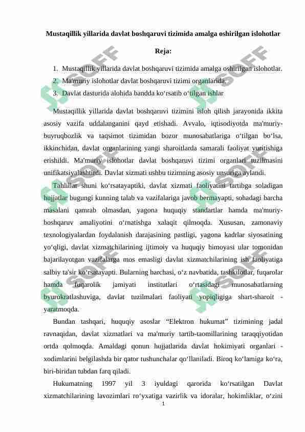 Mustaqillik yillarida davlat boshqaruvi tizimida amalga oshirilgan islohotlar