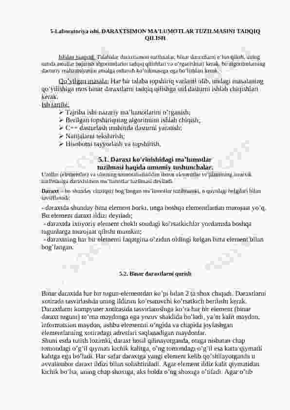 Muvozanatlangan binar daraxtlar ustidagi amallar. MERGE va SPLIT operatorlar to’plami. MERGE va SPLIT operatorli ma’lumotlarni apstrakt turlariga doir misollar.