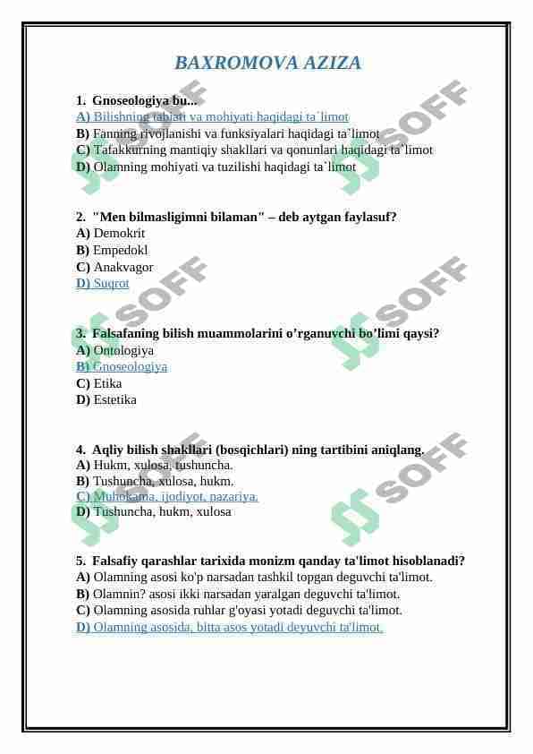 Falsafaning bilish nazariyasi (TEST)