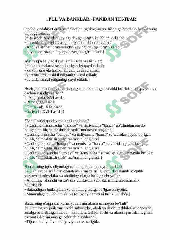Pul va banklar fanidan testlar