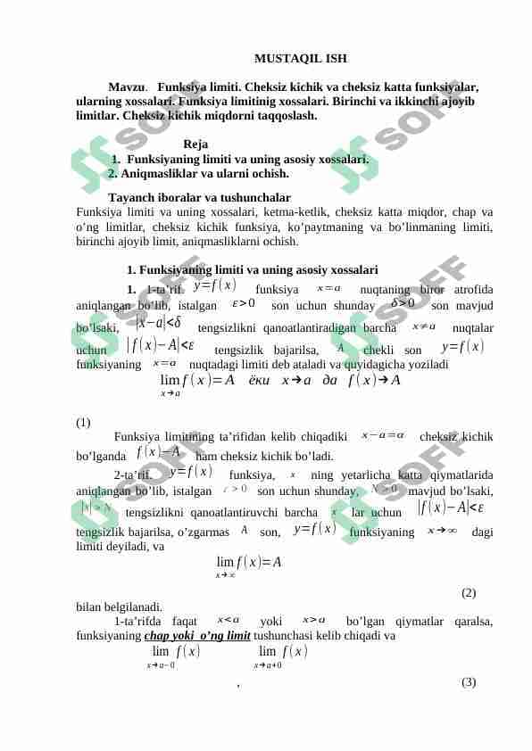 Funksiya limiti. Cheksiz kichik va cheksiz katta funksiyalar, ularning xossalari. Funksiya limitinig xossalari. Birinchi va ikkinchi ajoyib limitlar. Cheksiz kichik miqdorni taqqoslash.