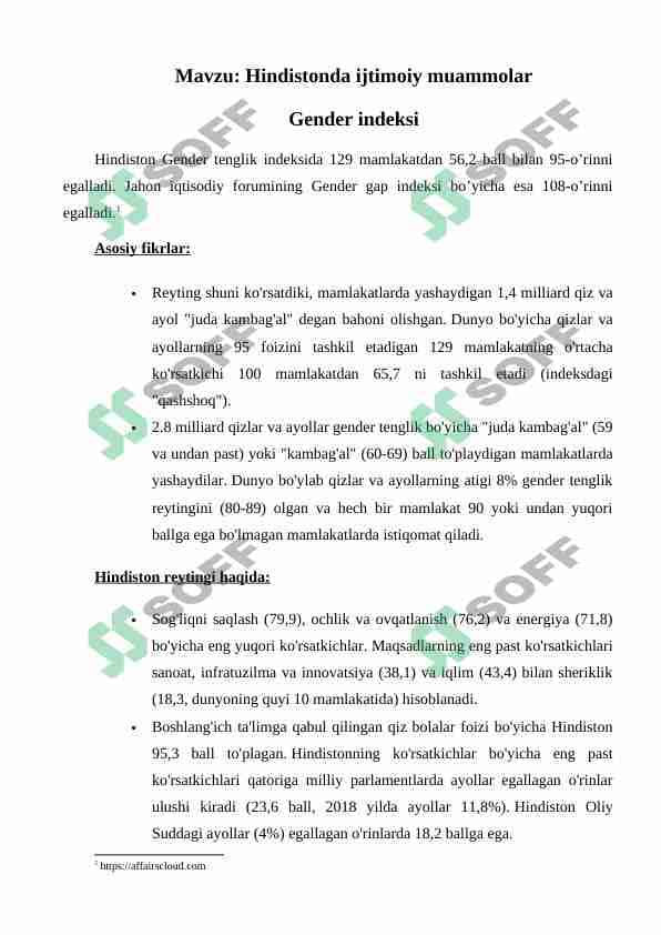Hindistonda ijtimoiy muammolar - Gender tengsizligi indeksi