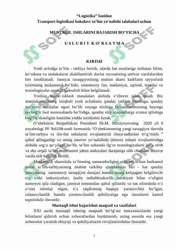 MUSTAQIL ISHLARNI BAJARISH. LOGISTIKA