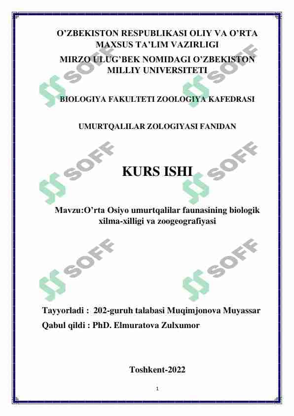 O’rta Osiyo umurtqalilar faunasining biologik xilma-xilligi va zoogeografiyasi