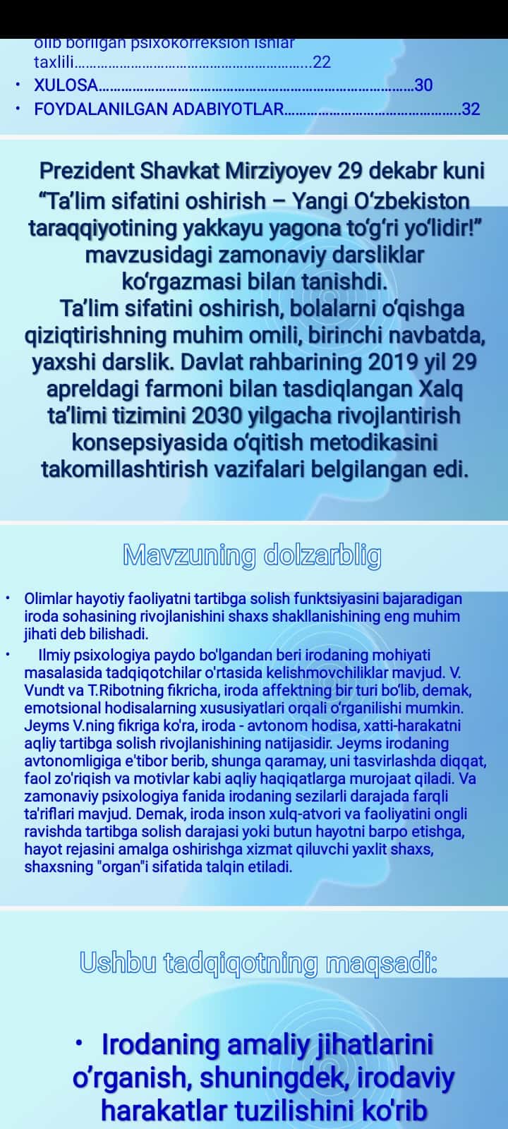 IRODANING AMALIY JIHATLARINI O’RGANISH