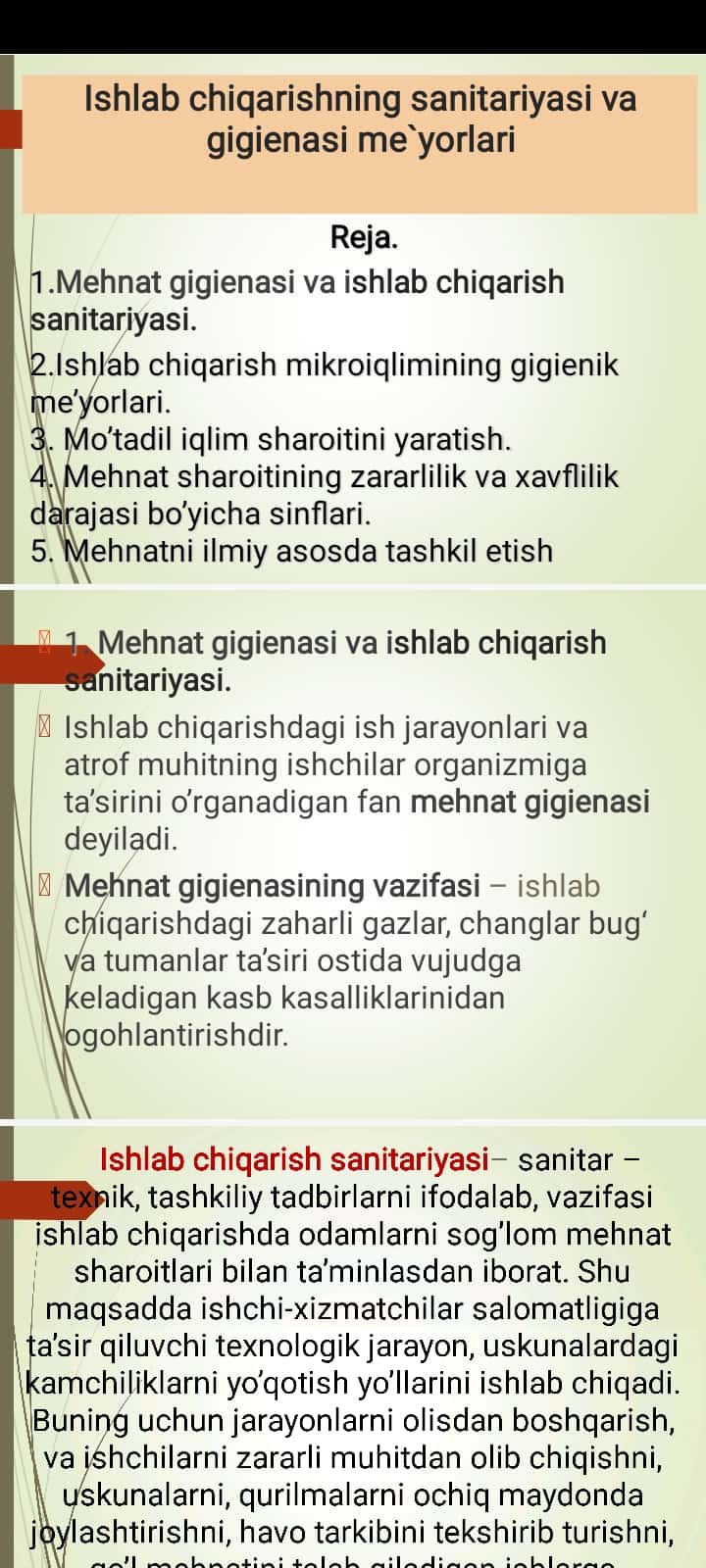 Ishlab chiqarishning sanitariyasi va gigienasi me`yorlari