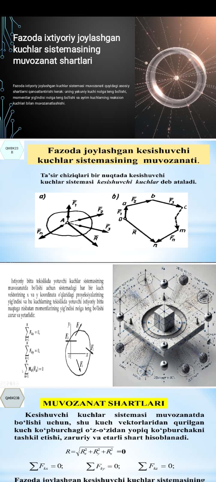 Fazoda ixtiyoriy joylashgan kuchlar sistemasining muvozanat shartlari