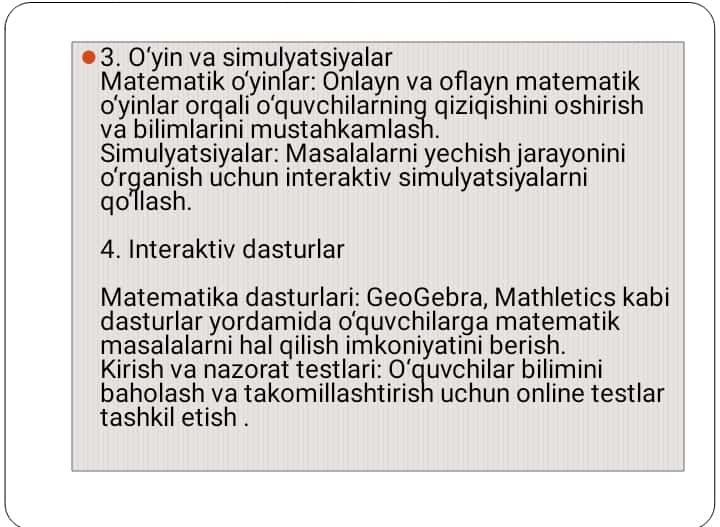 Mavzu: Boshlang‘ich sinflarda axborot texnologiyalaridan foydalanishning asosiy yo‘nalishlari.Mavzu: Microsoft PowerPoint dasturida ishlash.Mavzu: Dastur bo‘yicha darslarga PowerPointda ko‘rgazmali qurollar tayyorlash.Mavzu: Multimedia ta‘limi va uning qo‘llanishi.