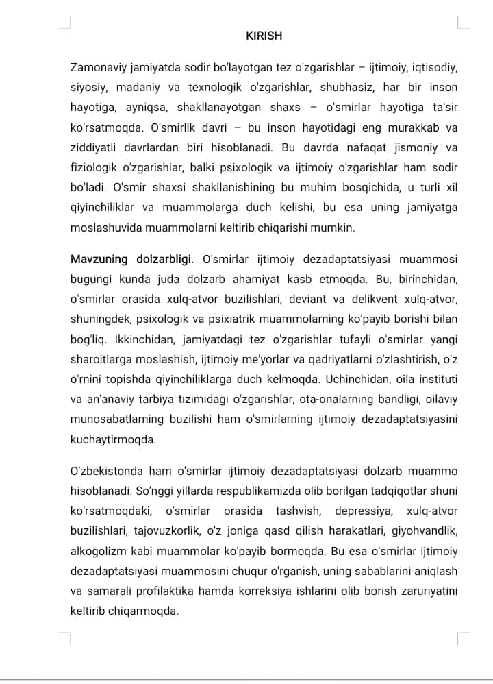 O'SMIRLARNING IJTIMOIY DEZADAPTATSIYASI