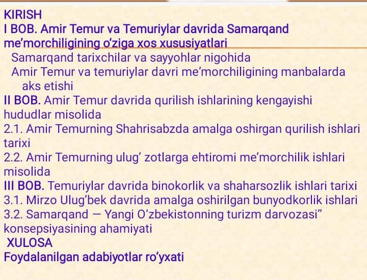 AMIR TEMUR VA TEMURIYLAR DAVRIDA SAMARQAND ME’MORCHILIGI VA SHAHARSOZLIGI