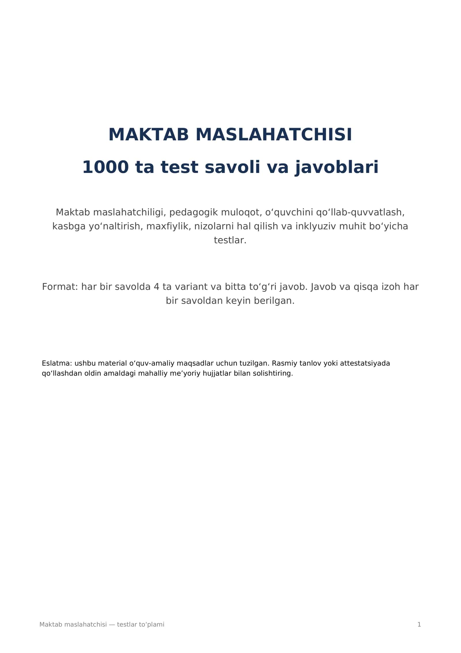 Maktab maslahatchisi uchun 1000 ta test savoli va javoblari