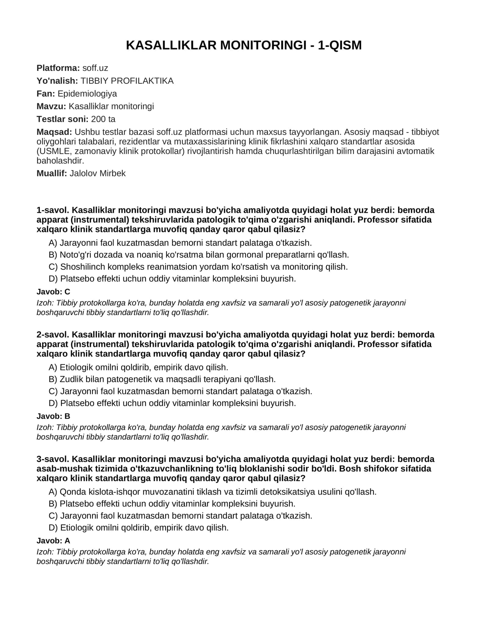 KASALLIKLAR MONITORINGI - 1-QISM