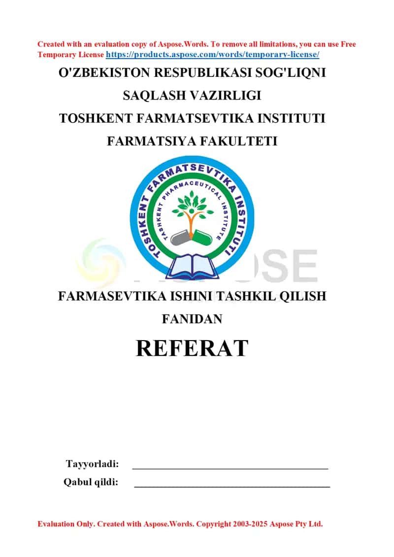 Farmasevtika bozorida axborot texnologiyalari va elektron tijorat. Referat 8 bet.