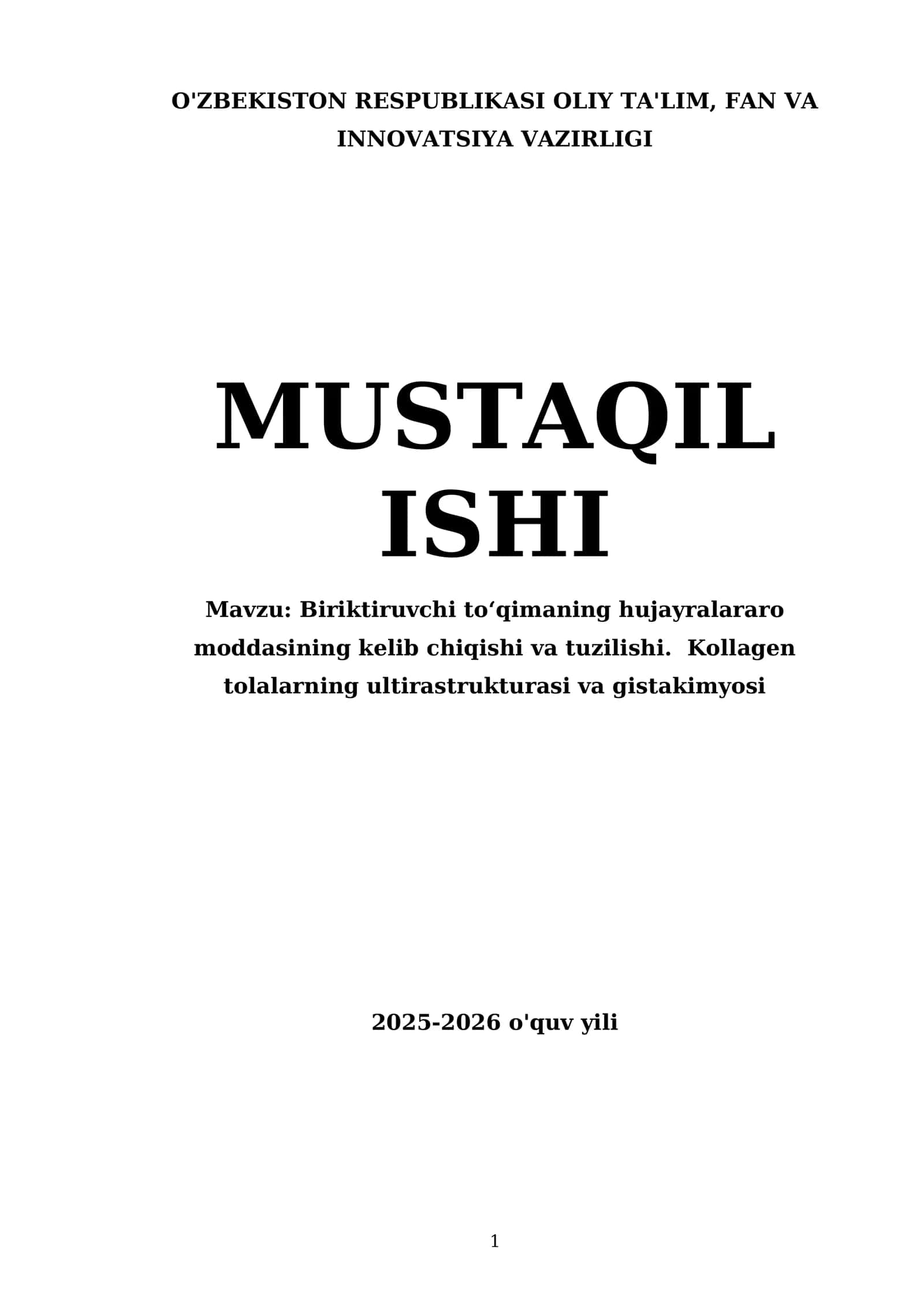 Biriktiruvchi to‘qimaning hujayralararo moddasining kelib chiqishi va tuzilishi. Kollagen tolalarning ultirastrukturasi va gistakimyosi
