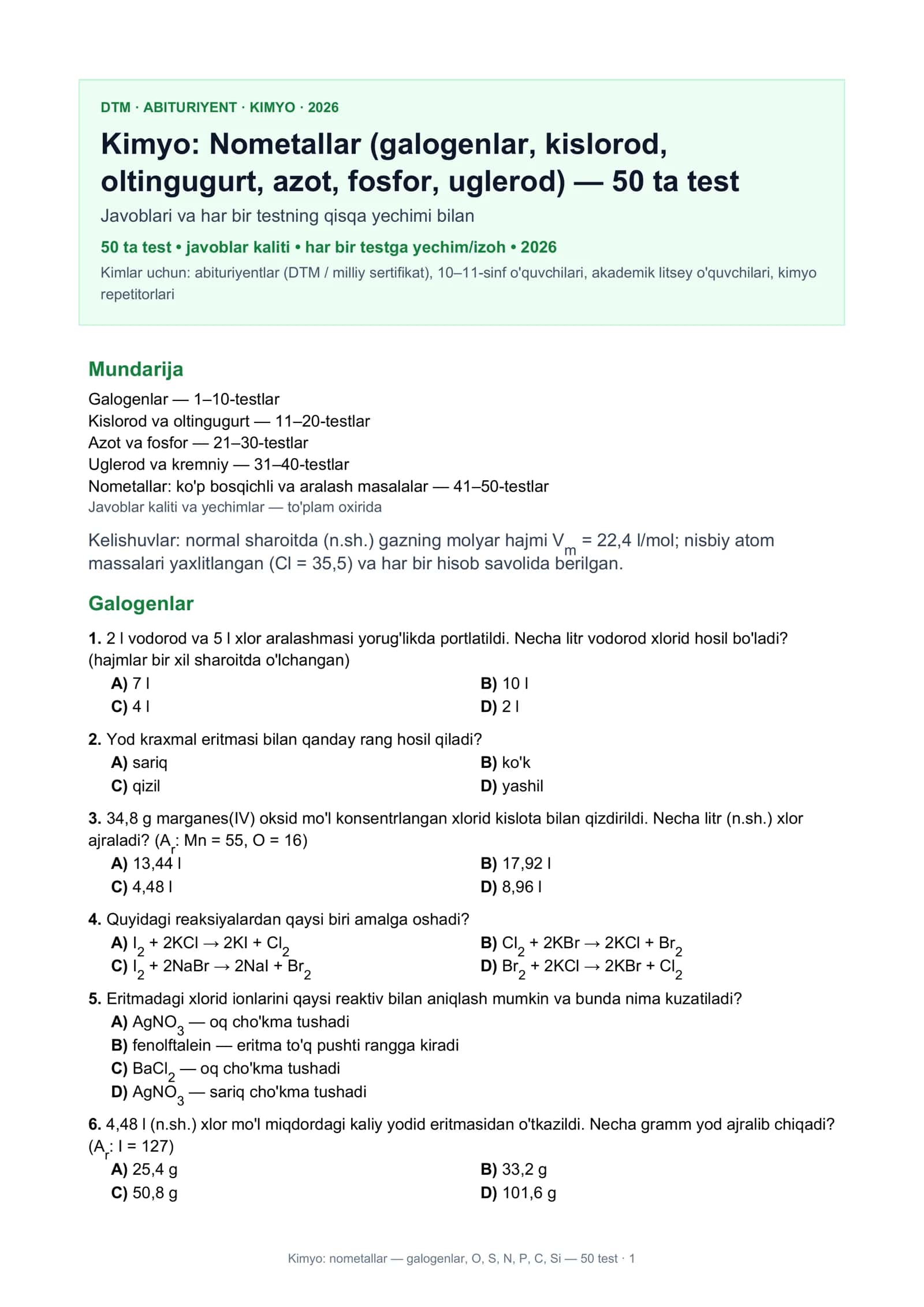 Kimyo: nometallar — galogenlar, O, S, N, P, C, Si — 50 test