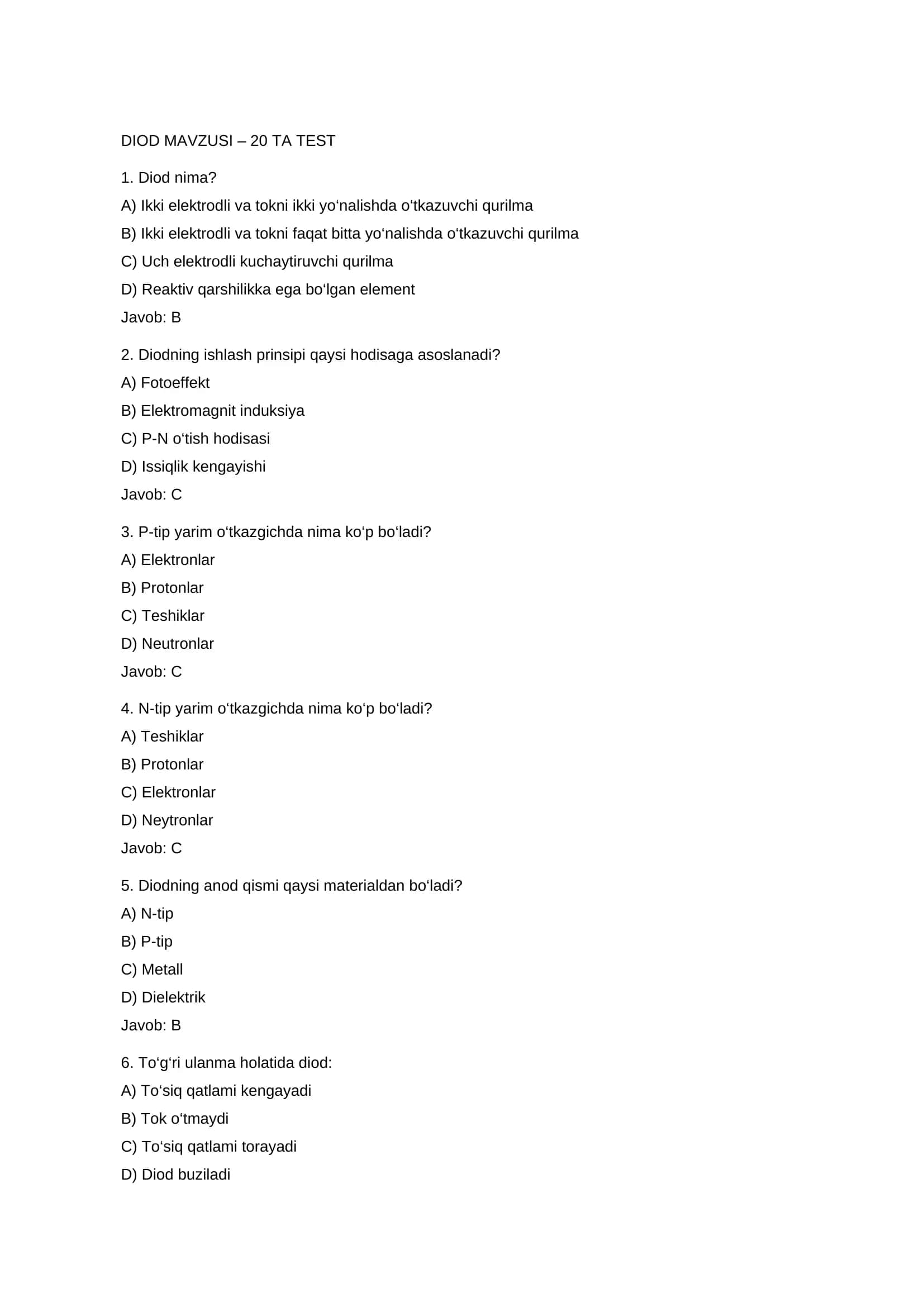 DIOD MAVZUSI – 20 TA TEST