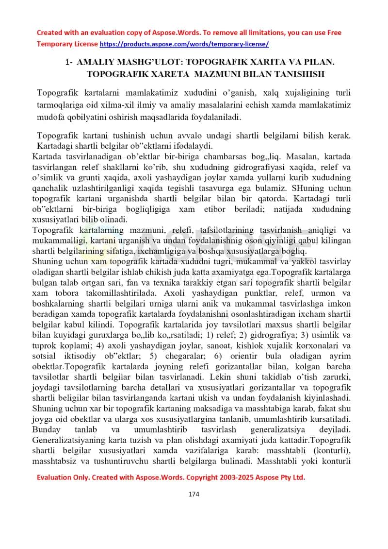Topografik kartalar va masshtablar bo‘yicha amaliy mashg‘ulot