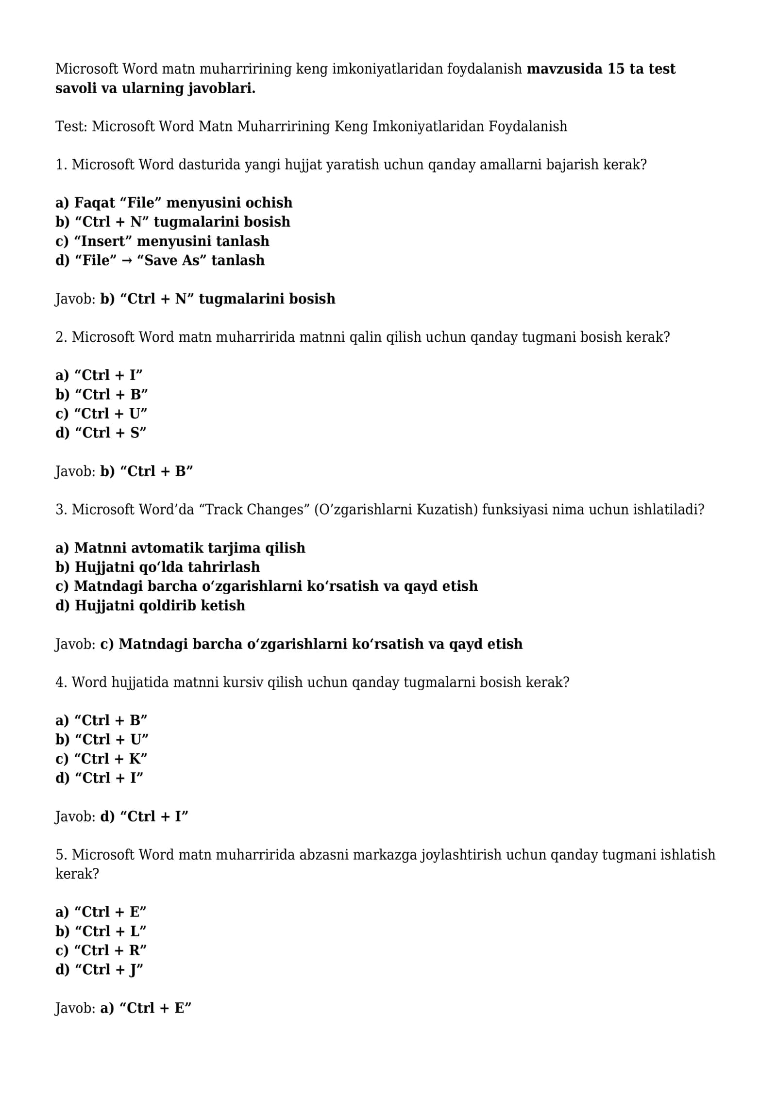 Microsoft Word matn muharririning keng imkoniyatlaridan foydalanish