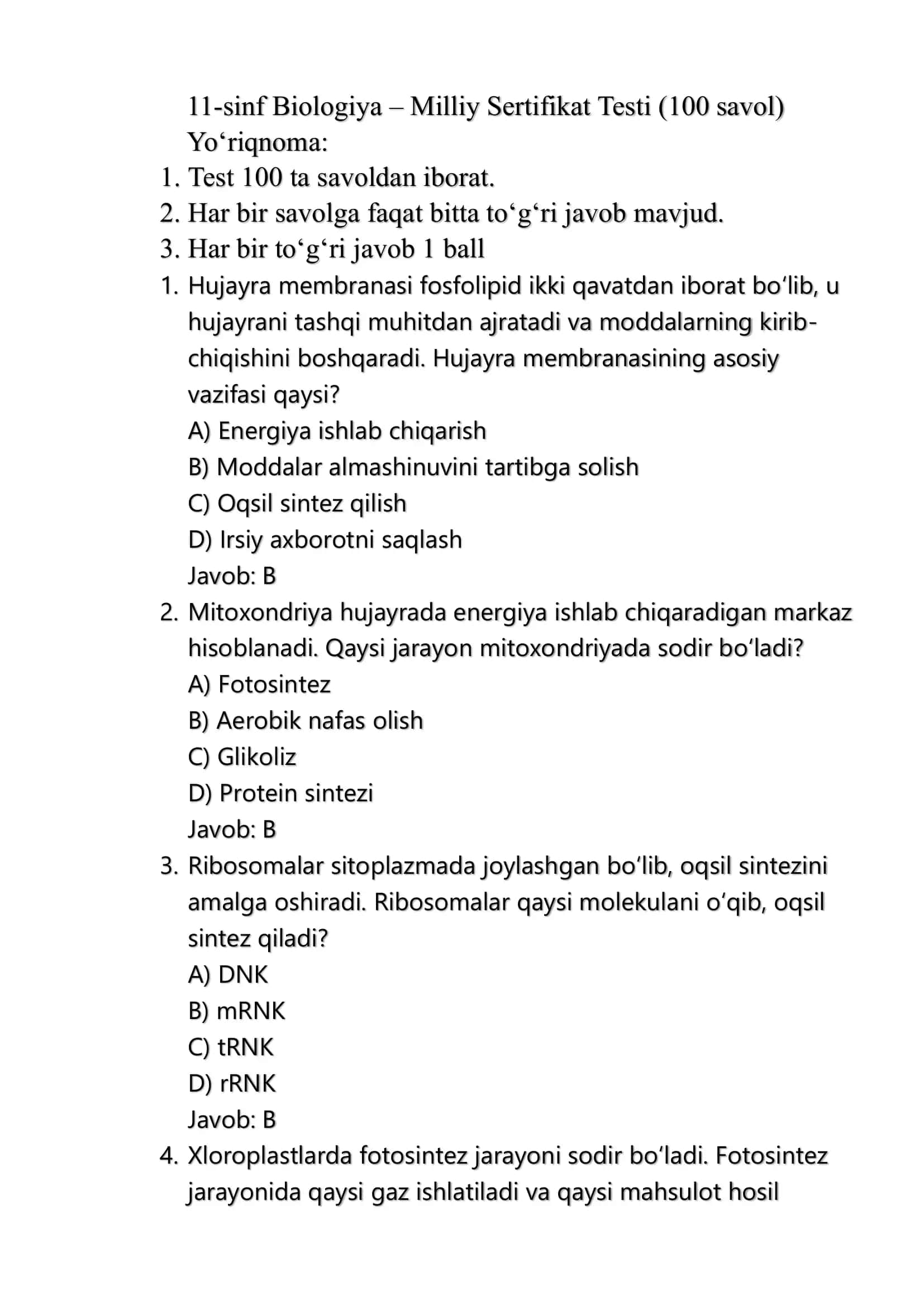 11-sinf Biologiya – Milliy Sertifikat Testi (100 savol)