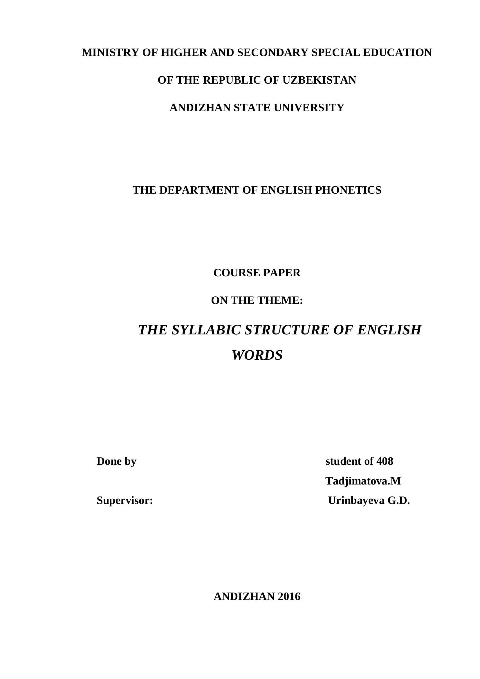 Course Paper on the Syllabic Structure of English Words