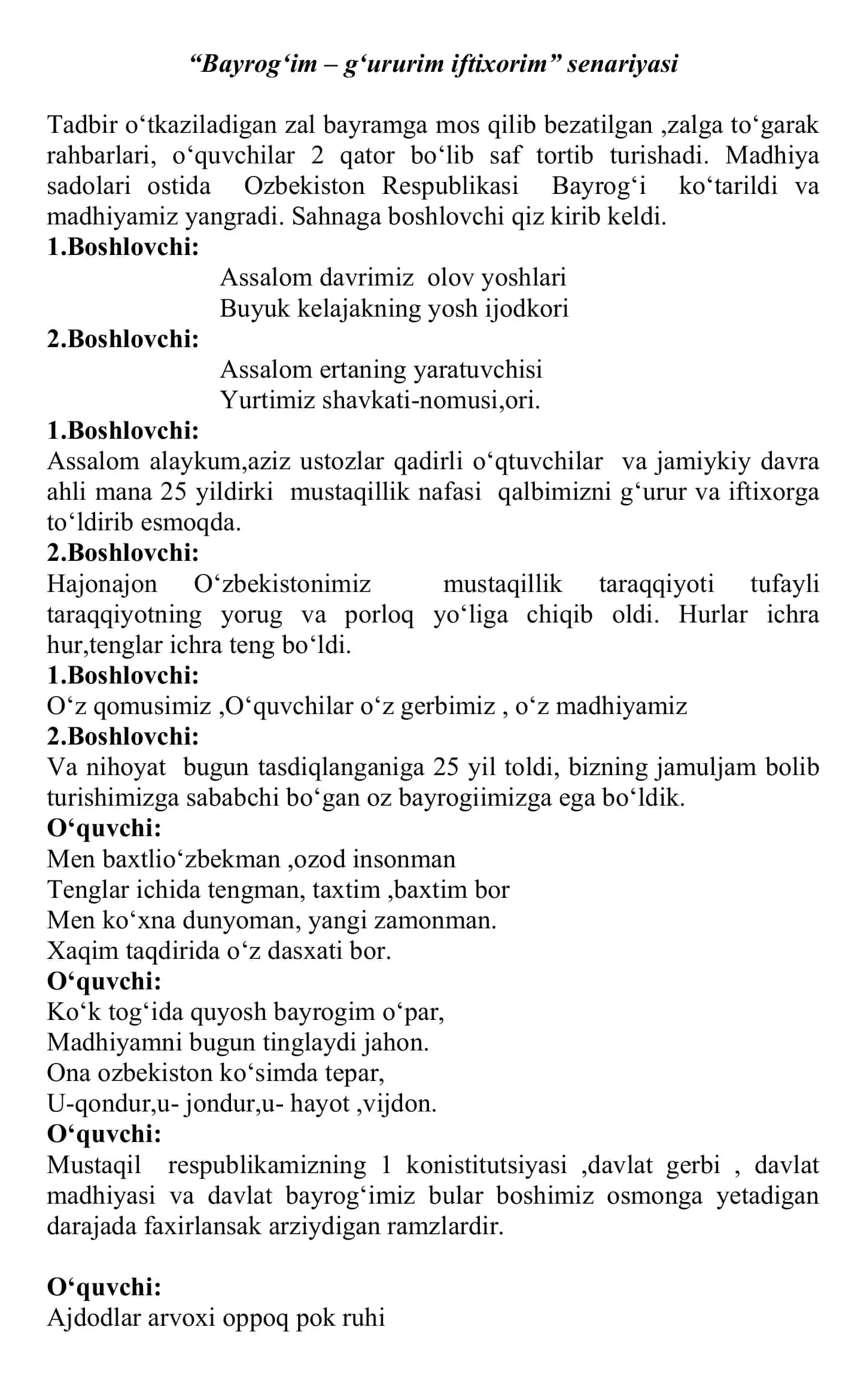 Bayrog‘im – g‘ururim iftixorim senariyasi