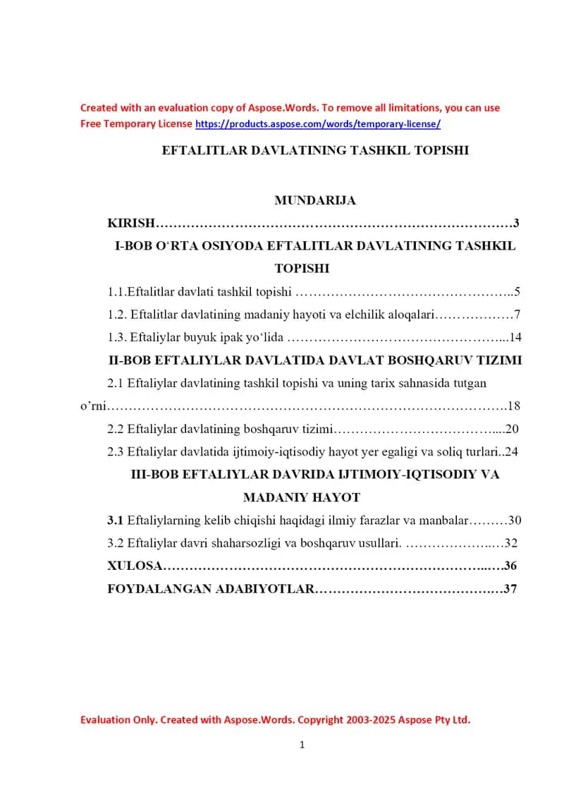 Kurs ishi: Eftaliylar davlatining tashkil topishi