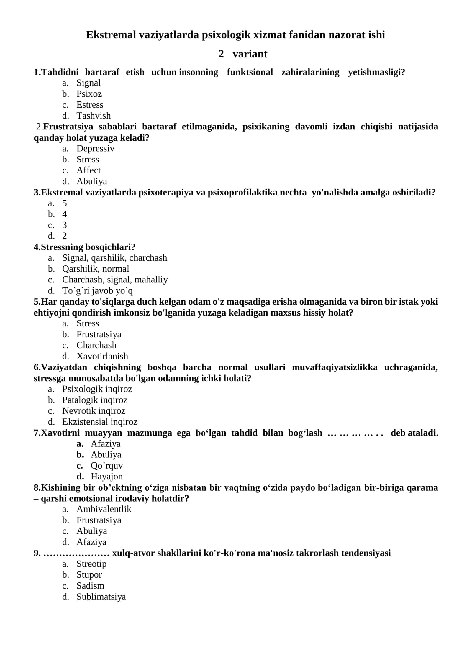 Ekstremal vaziyatlarda psixologik xizmat fanidan nazorat ishi