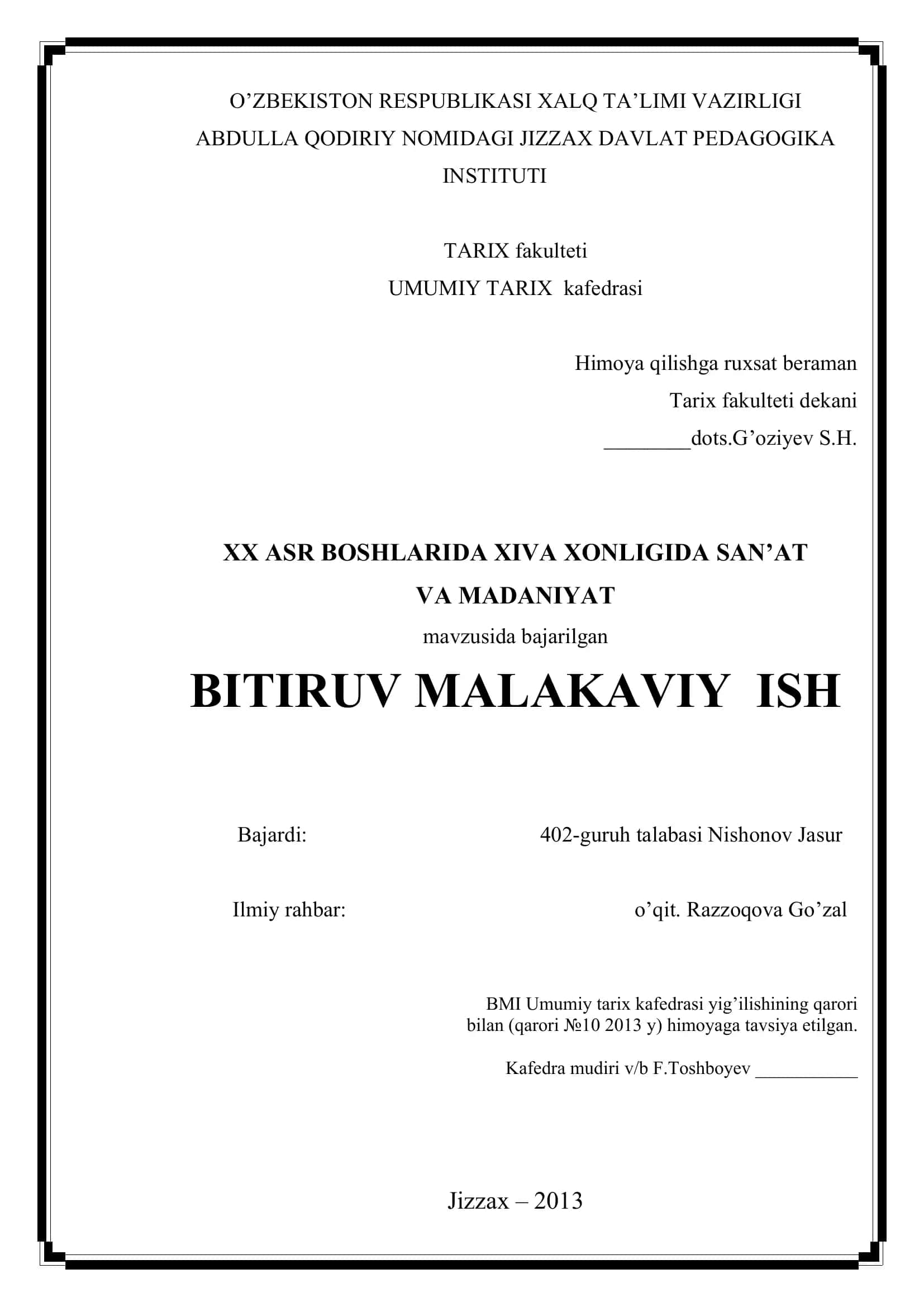 XX ASR BOSHLARIDA XIVA XONLIGIDA SAN’AT VA MADANIYAT
