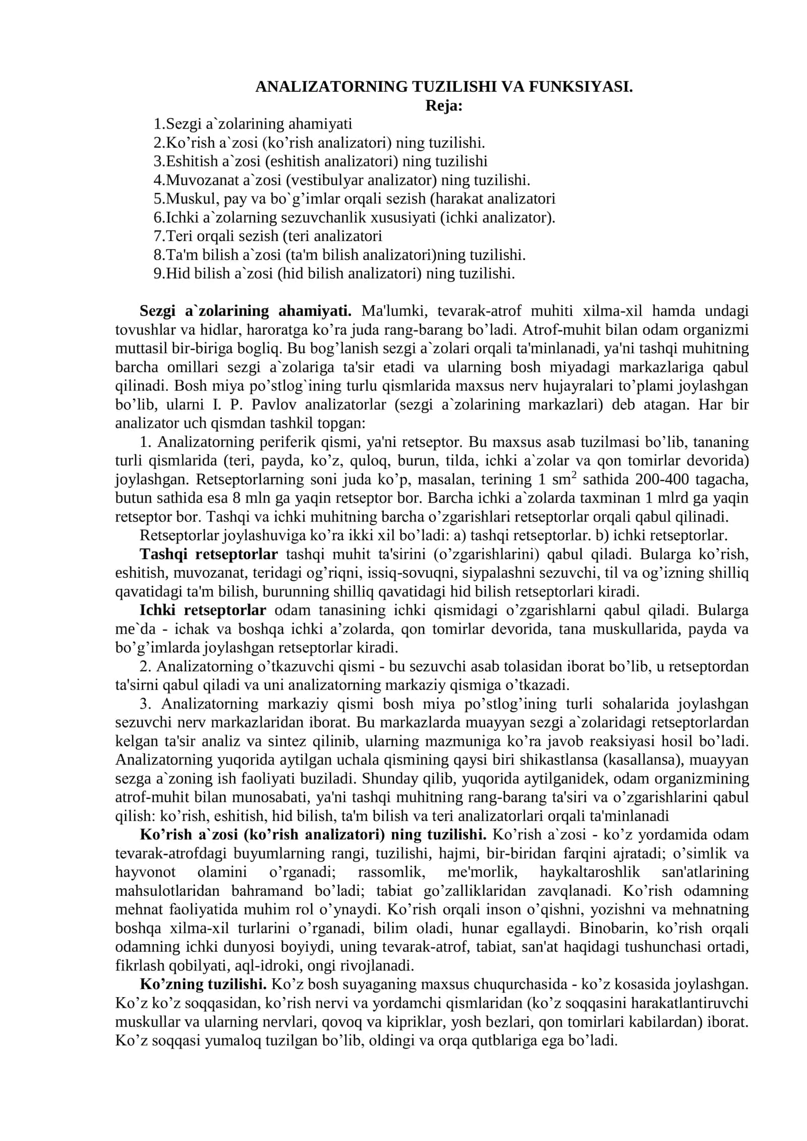 Sеzgi a`zolarining ahamiyati