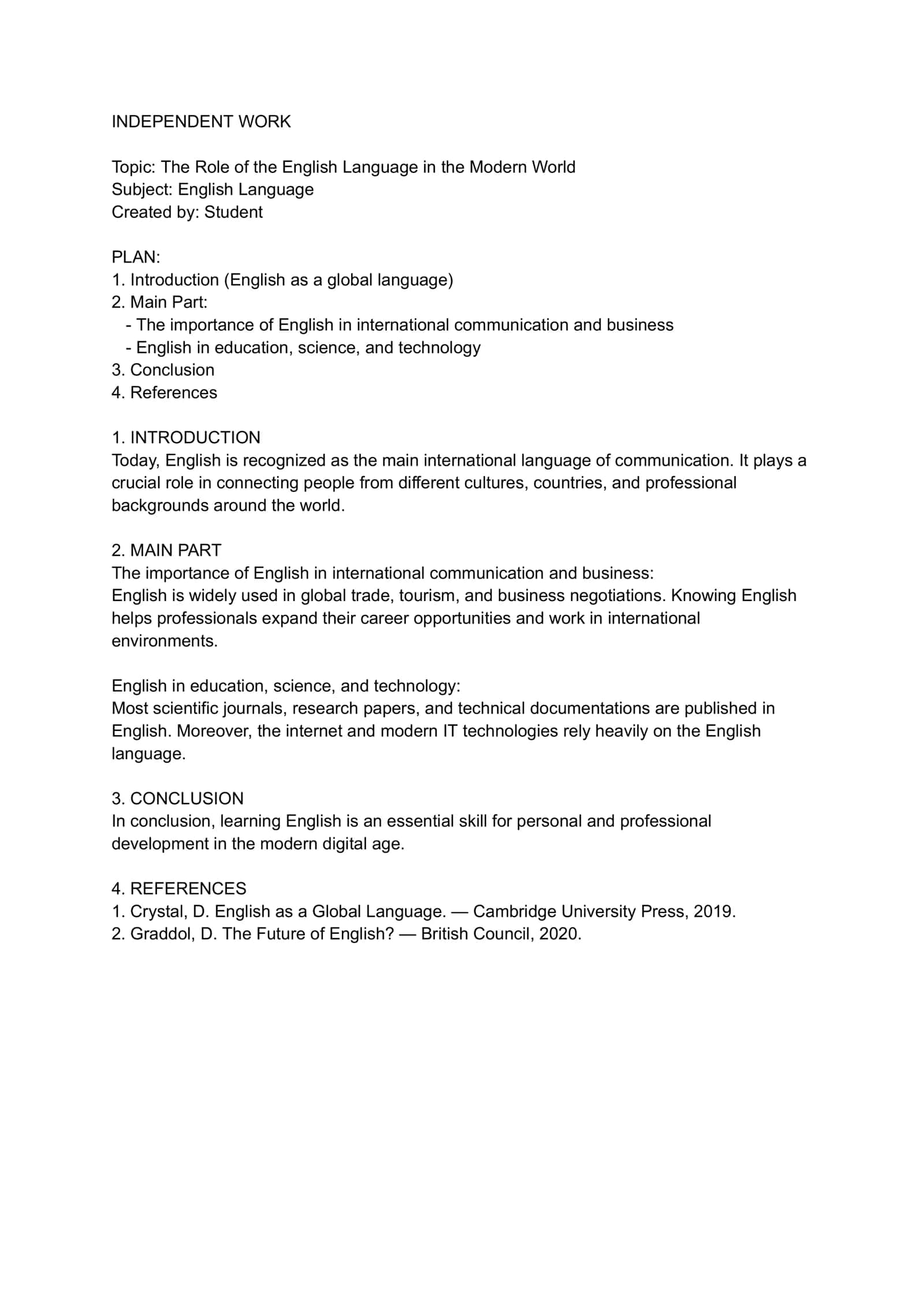 "INDEPENDENT WORK: The Role of the English Language in the Modern World"