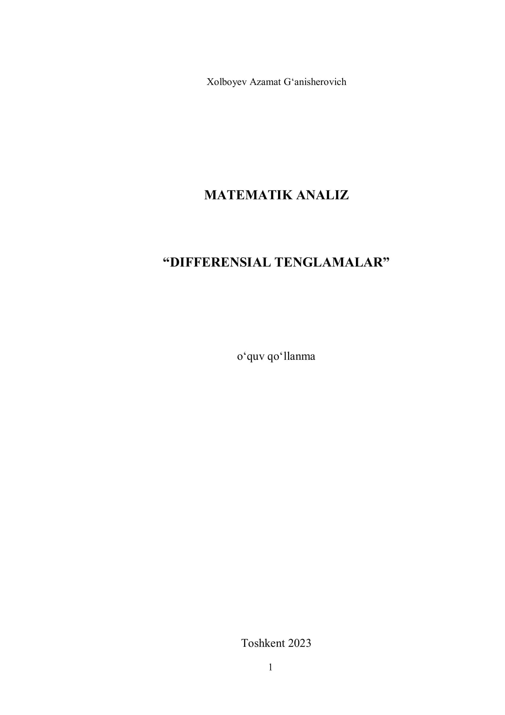 MATEMATIK ANALIZ “DIFFERENSIAL TENGLAMALAR” o‘quv qo‘llanma