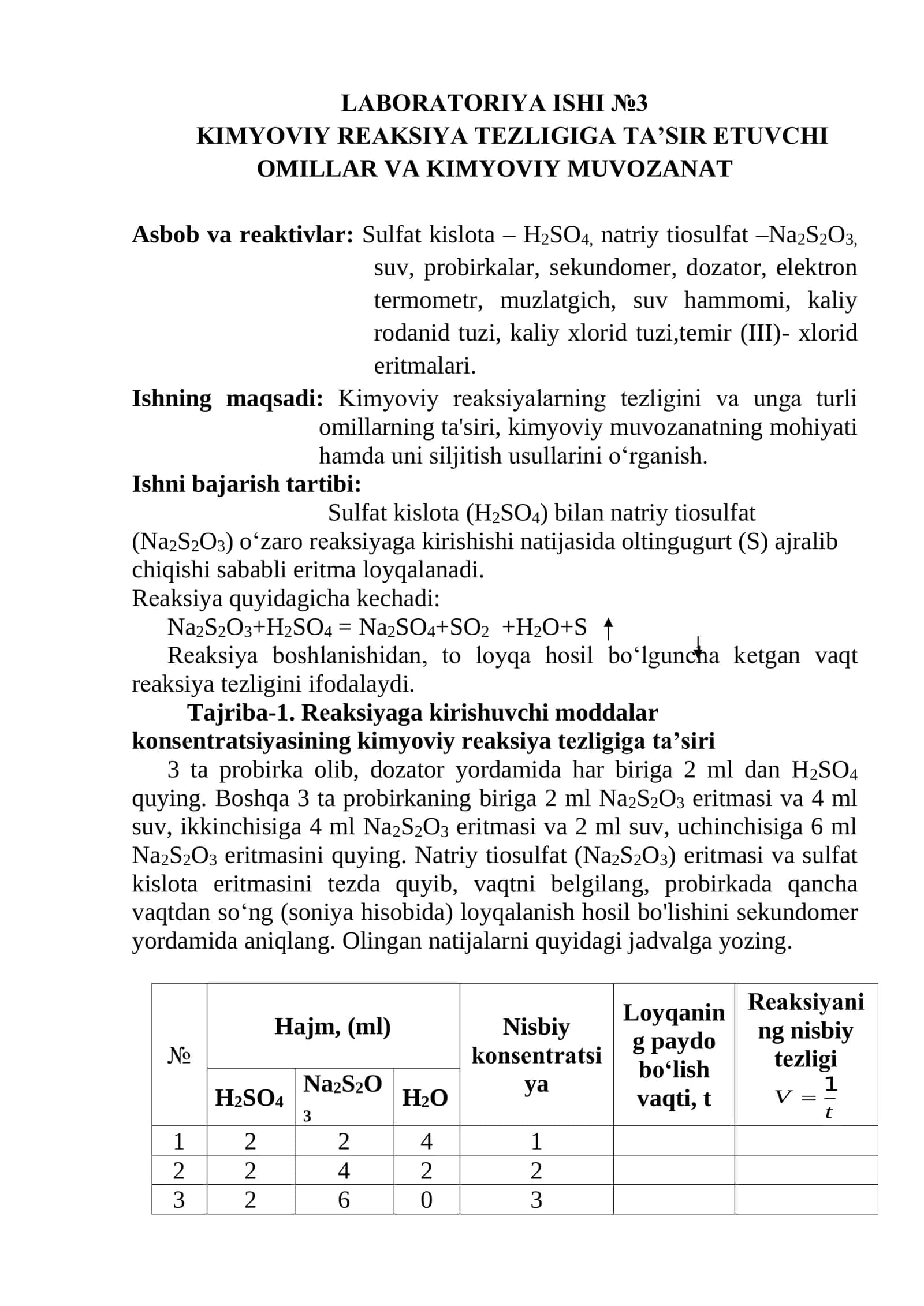 KIMYOVIY REAKSIYA TEZLIGIGA TA'SIR ETUVCHI OMILLAR VA KIMYOVIY MUVOZANAT