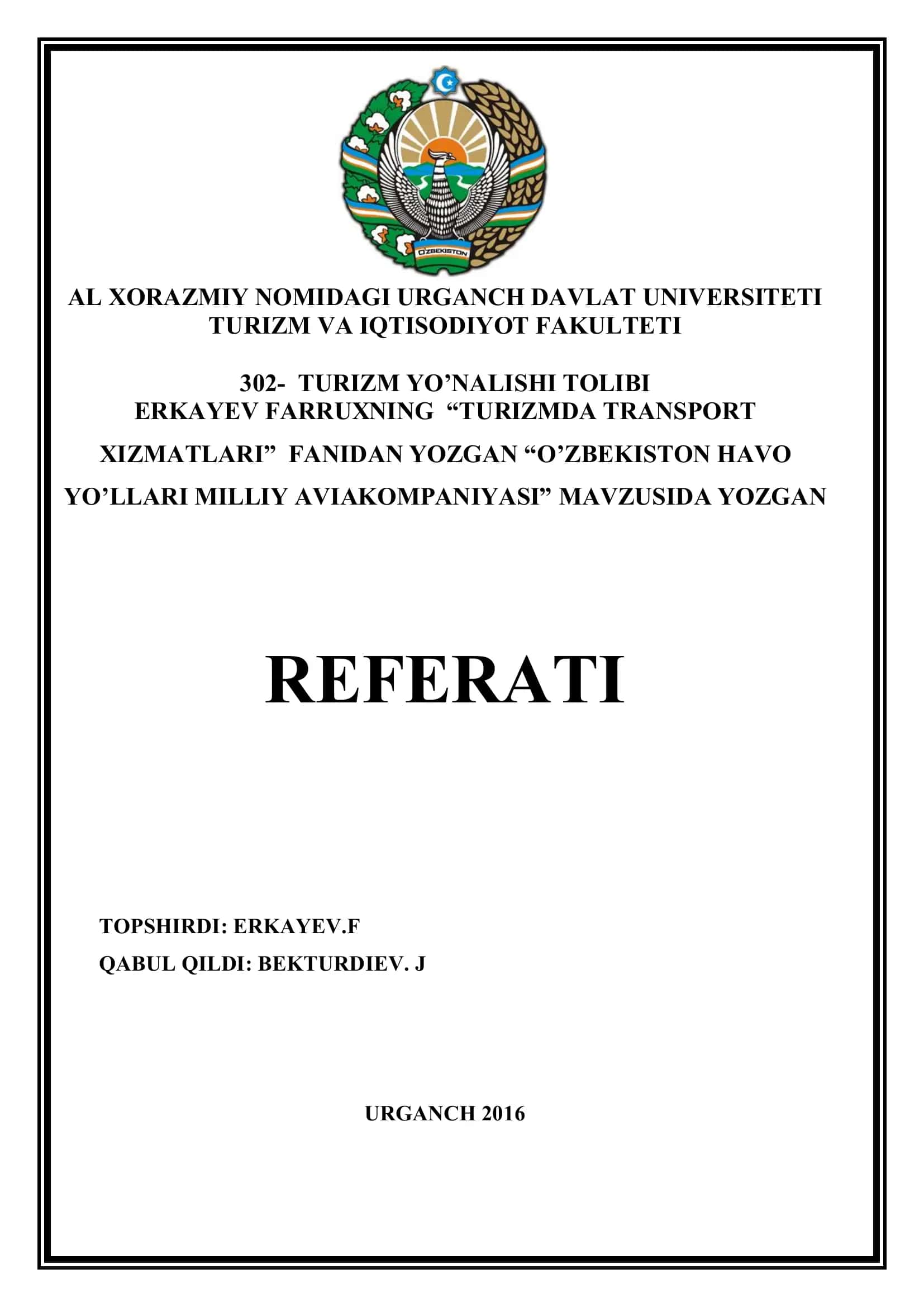 "O'zbekiston Havo Yo'llari Milliy Aviakompaniyasi" Referati