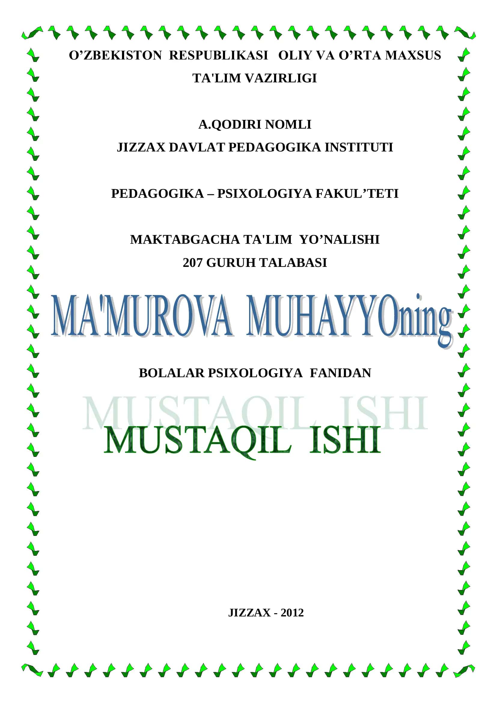 O’yin Bоg’chа Yoshidagi Bolalarda Etakchi Faoliyat
