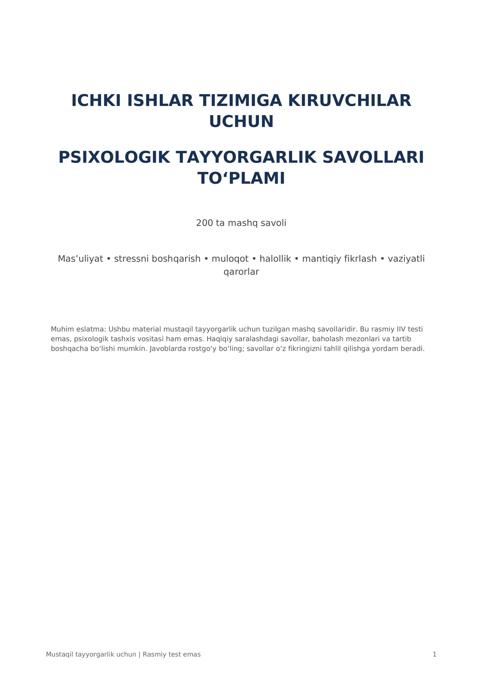 ICHKI ISHLAR PSIXOLOGIK TAYYORGARLIK SAVOLLARI