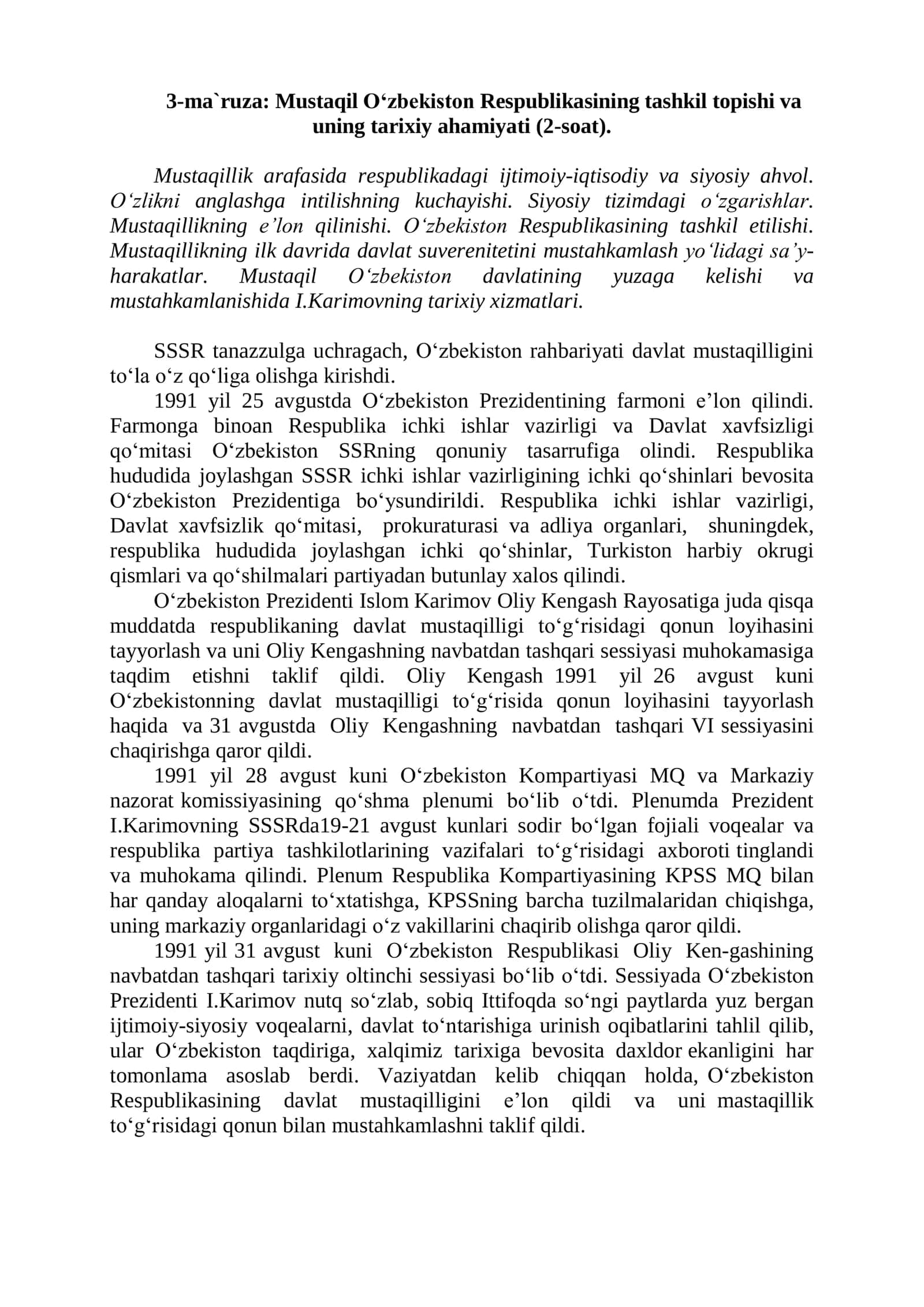 Mustaqil O‘zbekiston Respublikasining Tashkil Topishi va Tarixiy Ahamiyati